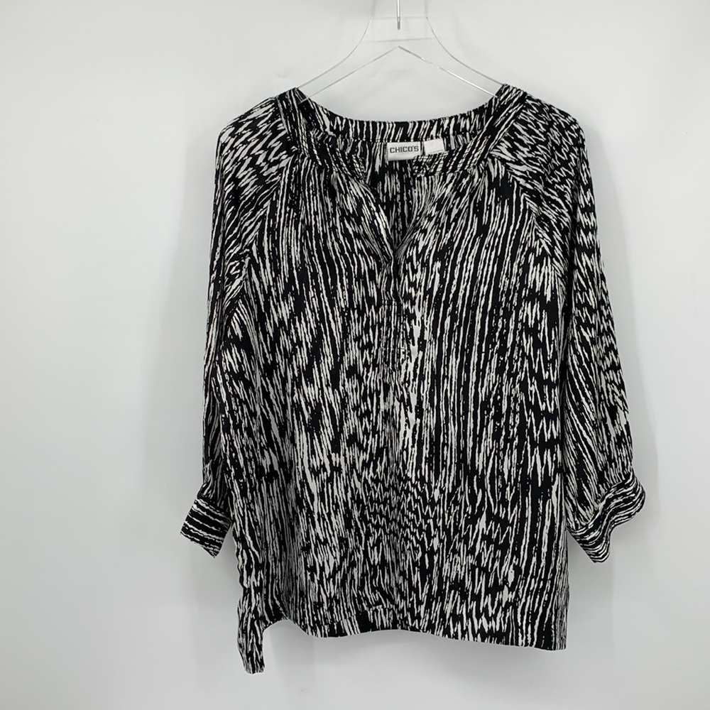 Chicos Tiffany brushed stripe blouse top shirt tunic black white henley 3 XL